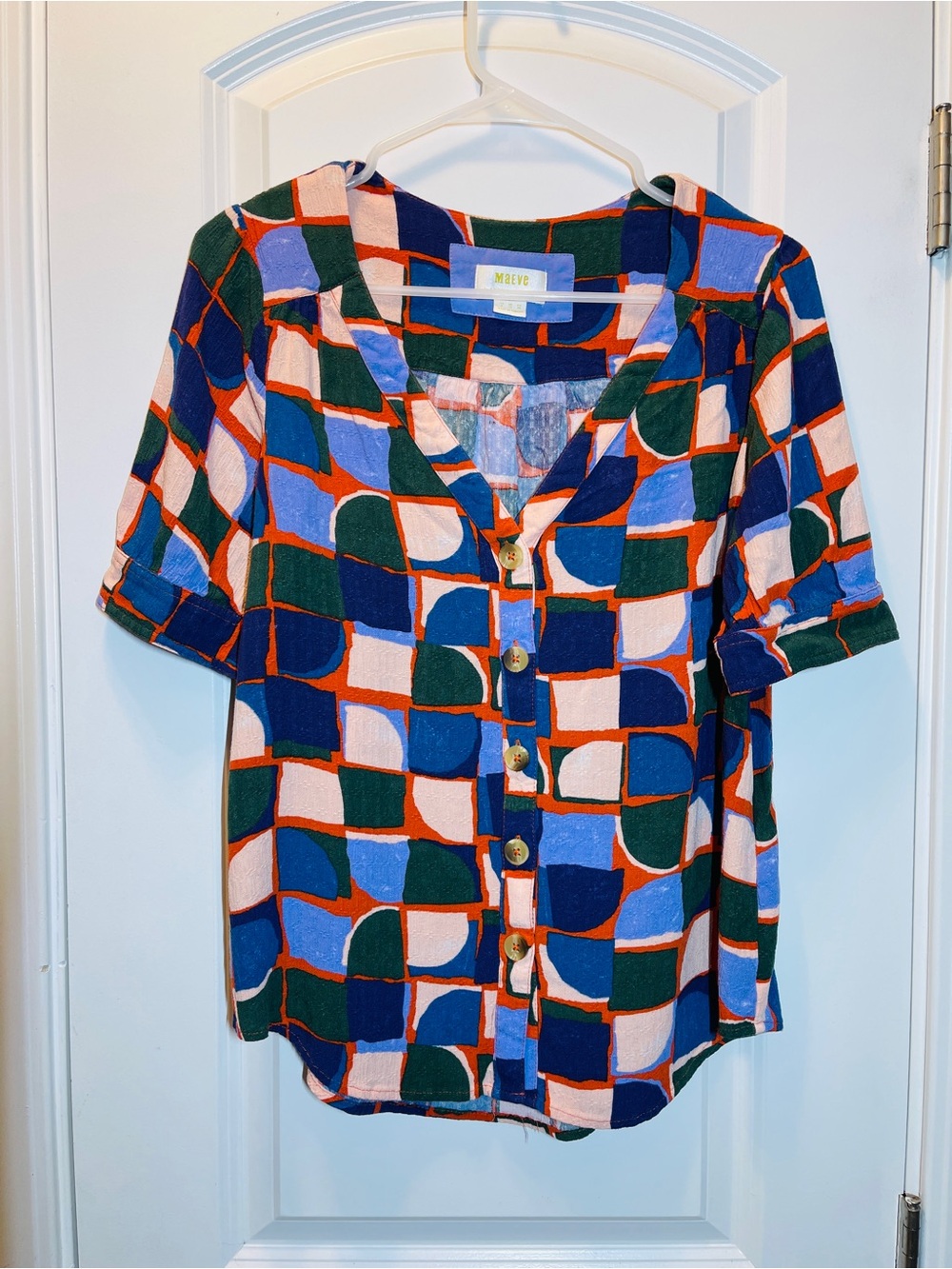 Anthropologie Geometric Button-Front Top in Blue, Green, Orange, Cream